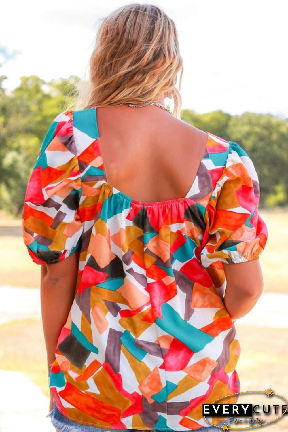 Multicolor Square Neck Abstract Print Short Sleeve Blouse