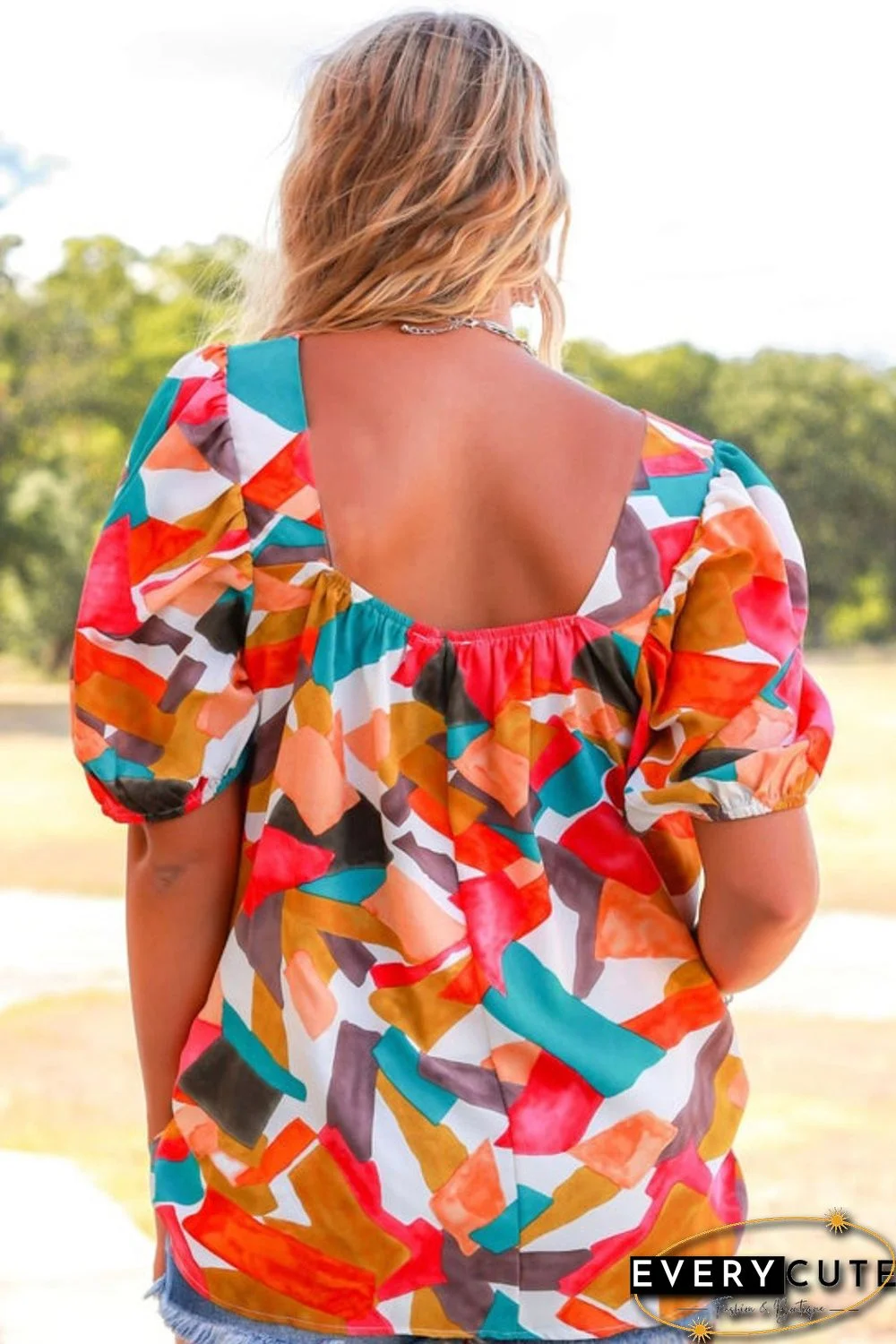 Multicolor Square Neck Abstract Print Short Sleeve Blouse