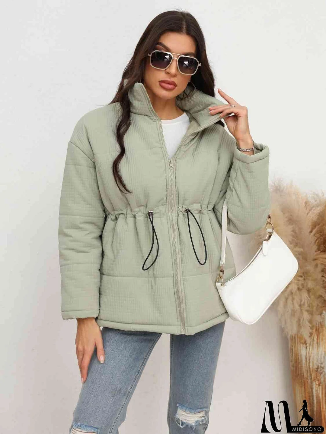 MidiSono - Drawstring Waist Zip-Up Puffer Jacket
