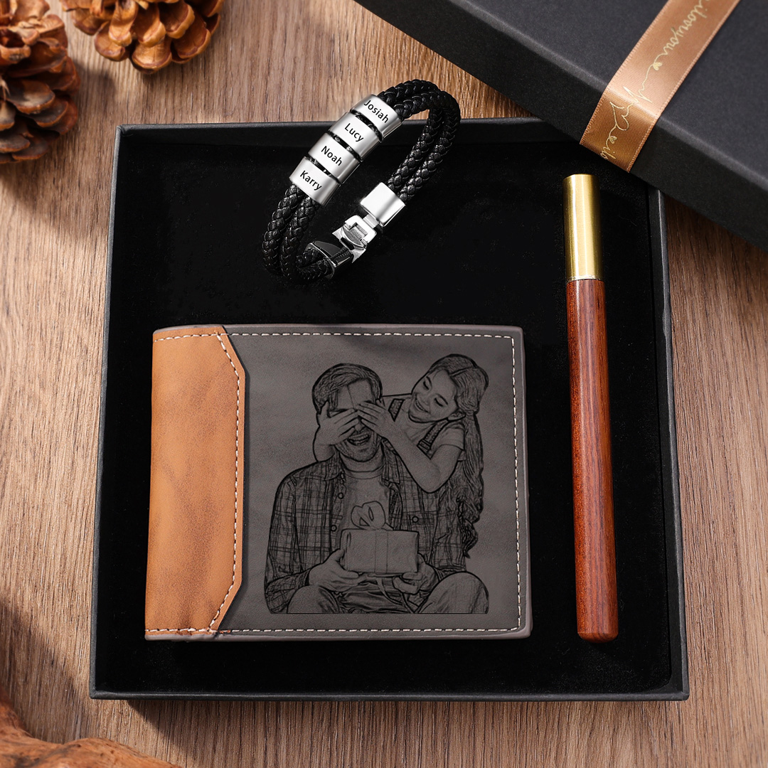 Personalised 1 Photo & 1 Letter & 5 Names Gift Set Custom Wallet & Bracelet & Pen Gift Box Set Father’s Day Gifts
