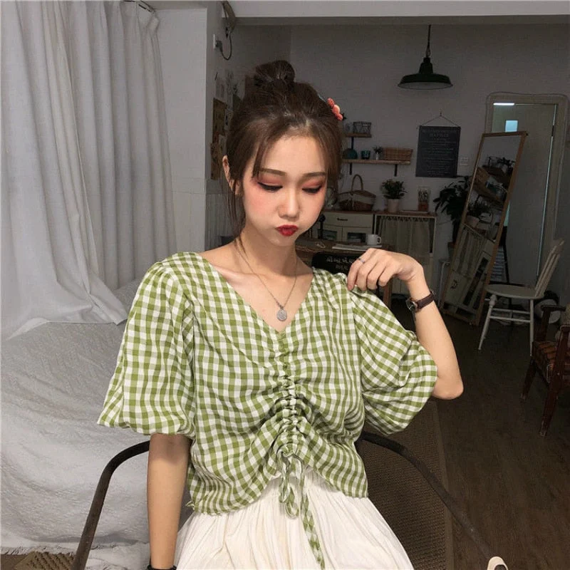 Women Blouses V-neck Short-sleeve Summer Pleated Lace-up Plaid Sweet All-match Girls Ulzzang Tops Shirts Leisure Elegant Chic
