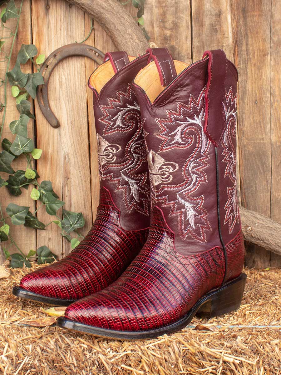 Maroon Lizard Embossed Mid-Calf Cowgirl Boots with Embroidery