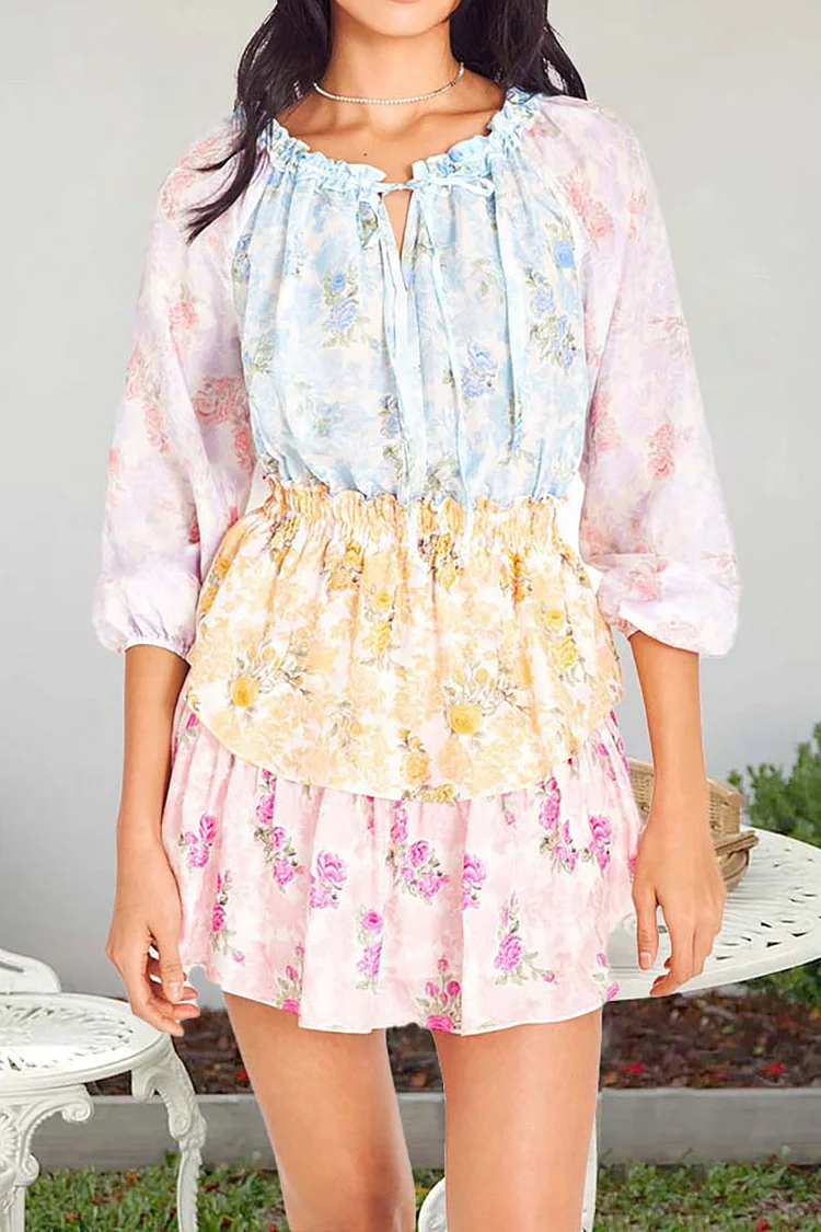 Ruffle Irregular Neck Three Quarter Puffy Sleeve Tiered Pleated Hem Floral Print Mini Dresses [Pre Order]