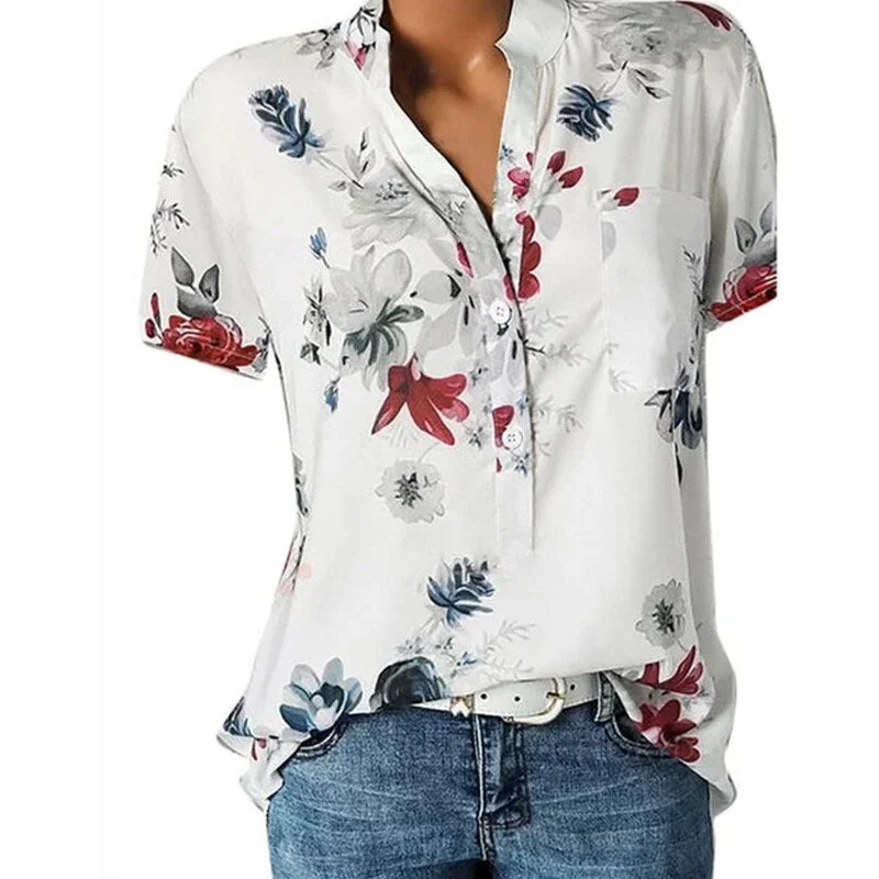 Temperament new women&#39;s shirt printing large size casual shirt loose V-neck short-sleeved shirt blouse