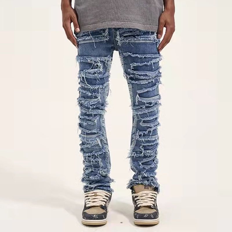 Retro Hole Ripped Distressed Straight Hip Hop Loose Jeans for Men-VESSFUL