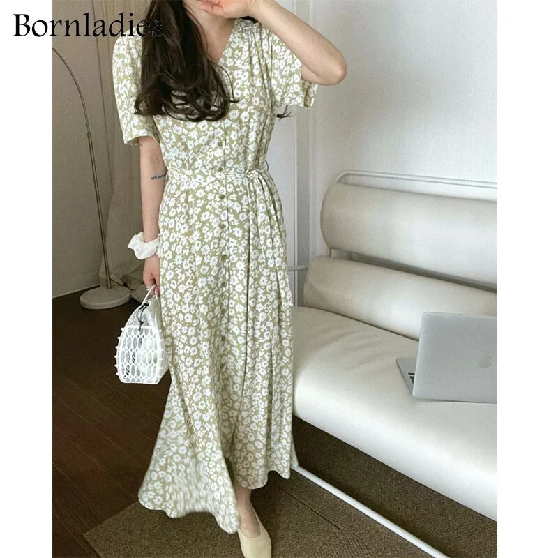 Bornladies Summer Dress Soft V-neck Floral Print Ladies Midi Dress Short Sleeve Lace-up Belt Waist Female Dress Green Vestidos