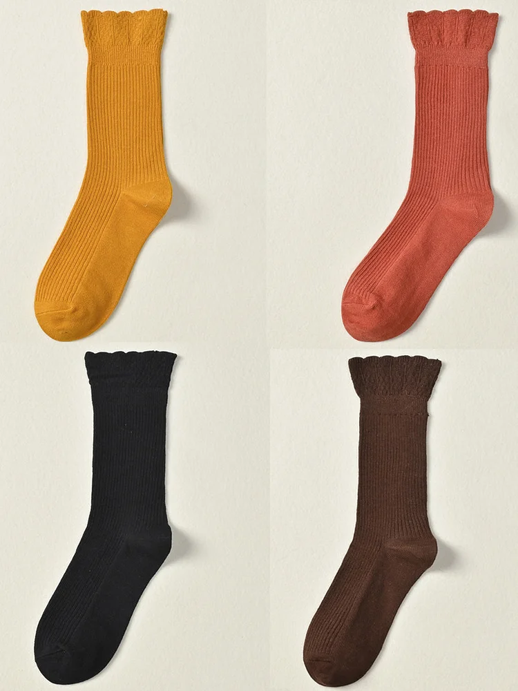 4 Pairs Women Vintage Pure Color Cotton Mid-Calf Socks