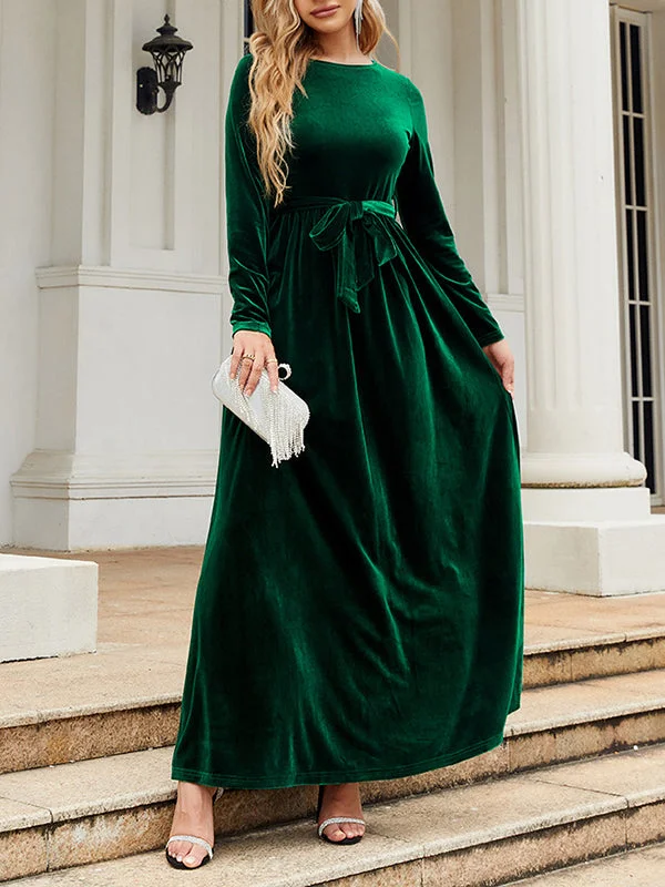Belted Pleated Solid Color Zipper Long Sleeves Wrap Round-Neck Maxi Dresses