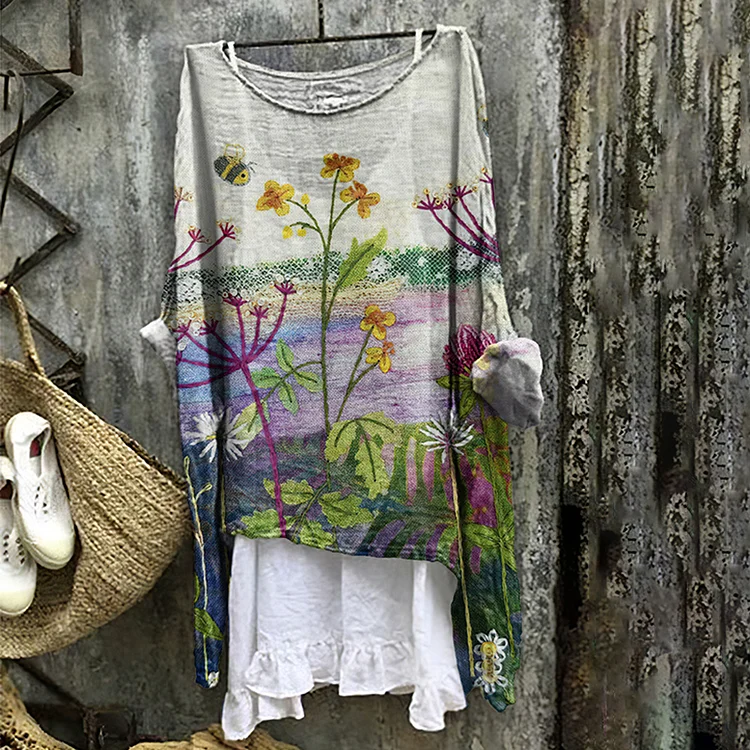 Utbros Women's Floral Bee Art Embroidery Linen Crew Neck T-shirt