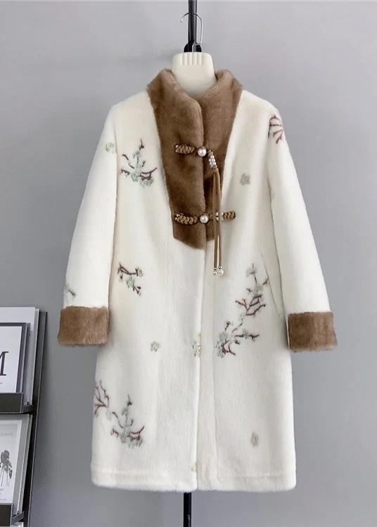 Chinese Style Beige Tasseled Embroideried Mink Cashmere Coat Winter
