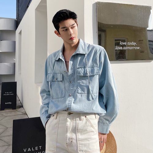 dawfashion-W0220 P85 Designer Korean Style Loose Denim Stand Collar Tie Shirt Jacket-Dawfashion- Original Design Clothing Store-Halloween 2022