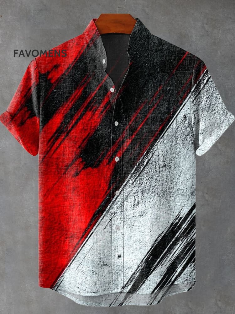 Red Black And White Irregular Design Vintage Print Casual 100% Cotton Shirt Multicolor / S