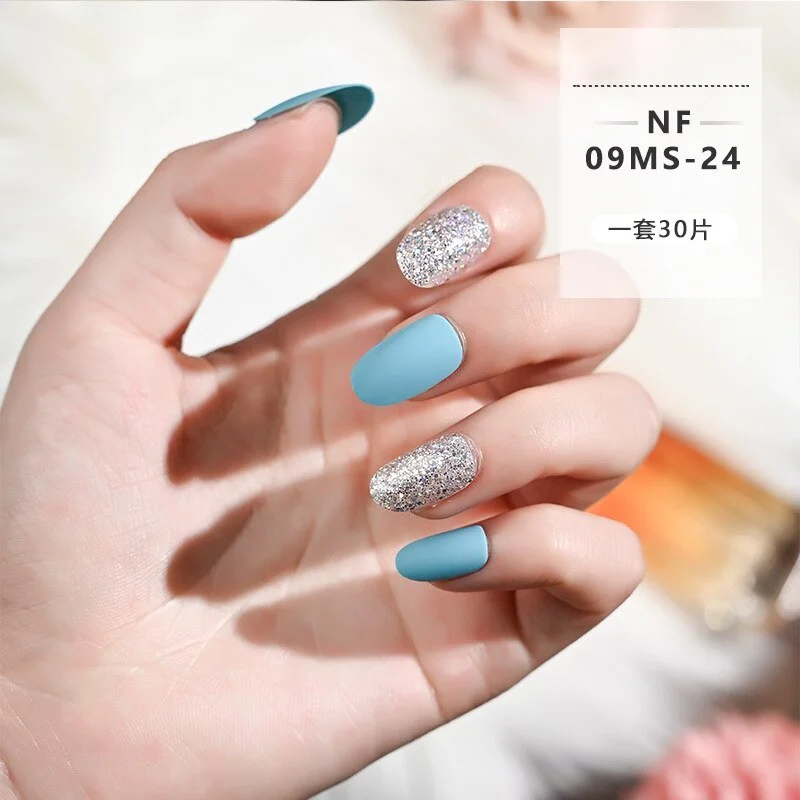 Churchf Solid Matte Short False Nails Silver Color Glitter Shiny Creative Full Cover Artificial Nails DIY 2021 New Nail Tip