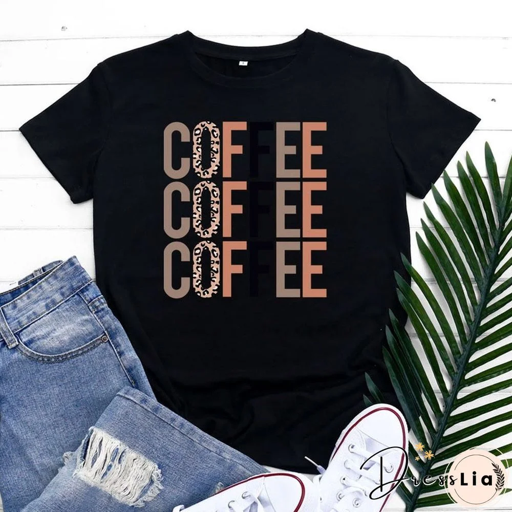 Female Regular Short Sleeve Summer Casual Women Graphic T-shirts Coffee Letter Print Ladies Fashion 100% Cotton O-Neck Tees Tops