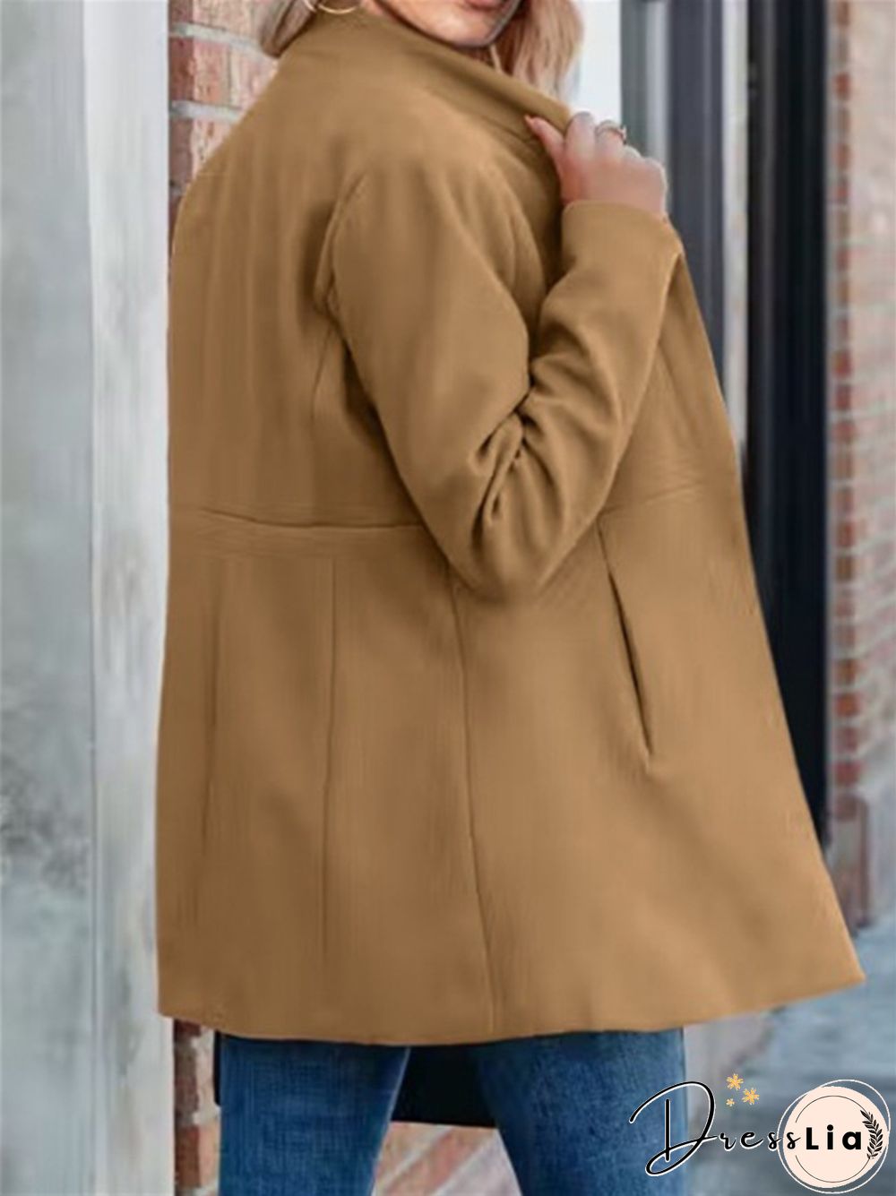Solid Color Slim Long Sleeve Pocket Ladies Coat