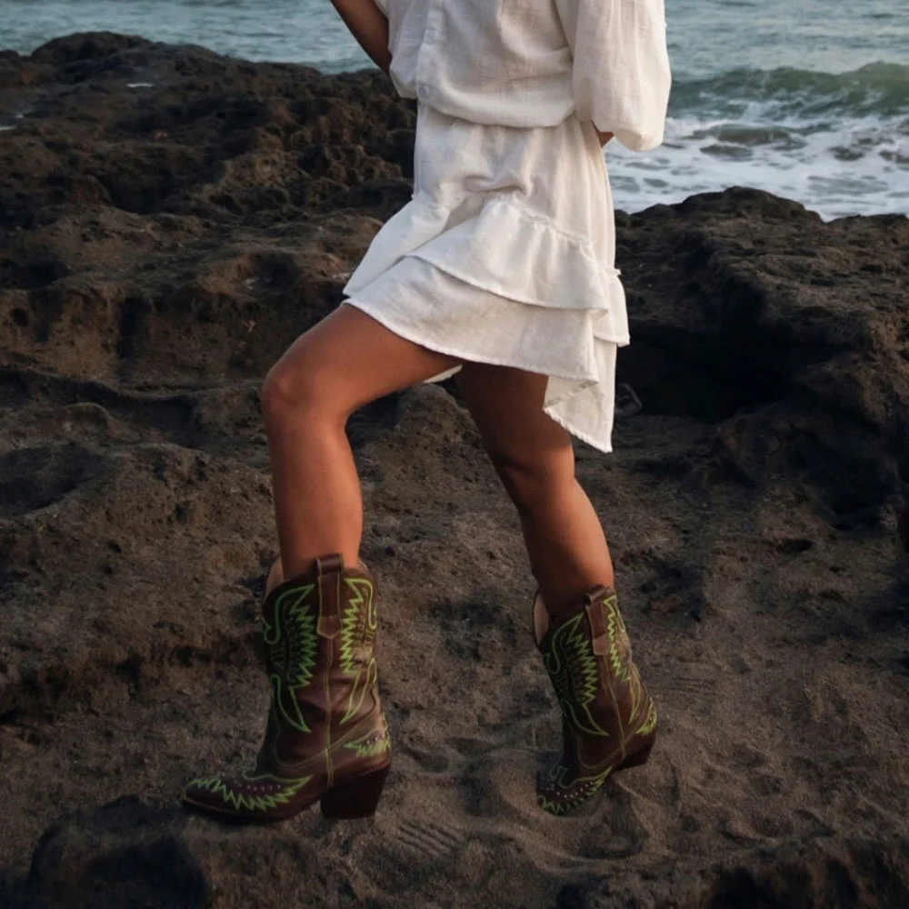 Brown Snip Toe Studded Green Embroidered Cowgirl Boots for Women
