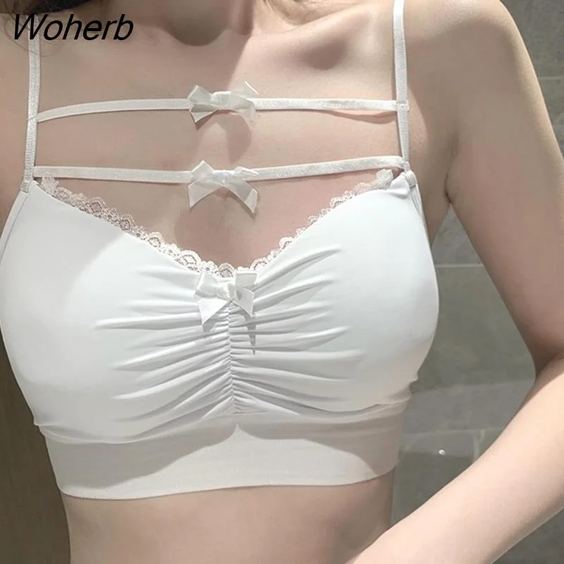 Woherb Women Summer Tube Tops for Woman White Bustier Top Bow Cute Spaghetti Strap Korean Fashion Chic All-match Lingerie Simple
