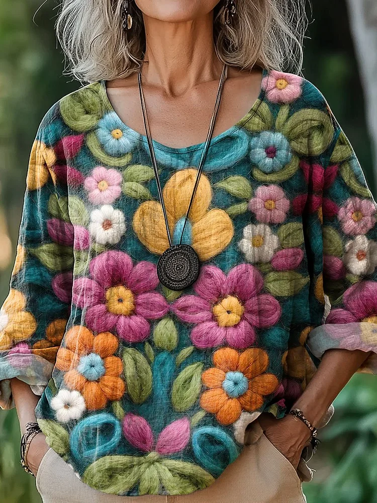 Women's Vintage Floral Art Print Casual Cotton And Linen Shirt