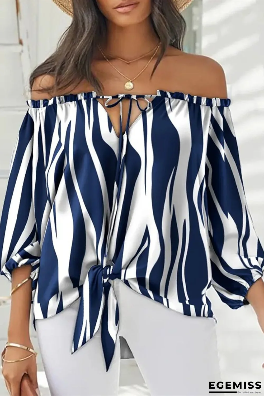 Stripe Fashion Casual Print Bandage Backless Off the Shoulder Tops | EGEMISS