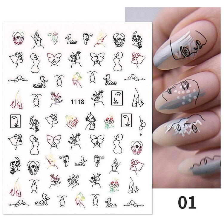 1PC 3D Nail Stickers Women Face Sketch Abstract Butterfly Image Nail Art Decoration Slider Manicure Stickers For Nails