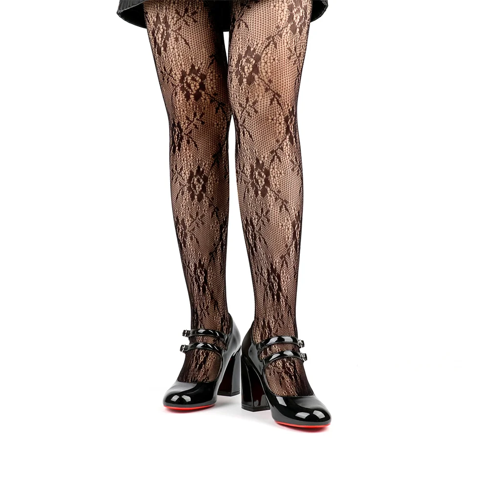 85mm Women's Chunky Heels Red Bottom Shoes Comfortable Miss Jane Block Heel Patent Pumps-MERUMOTE