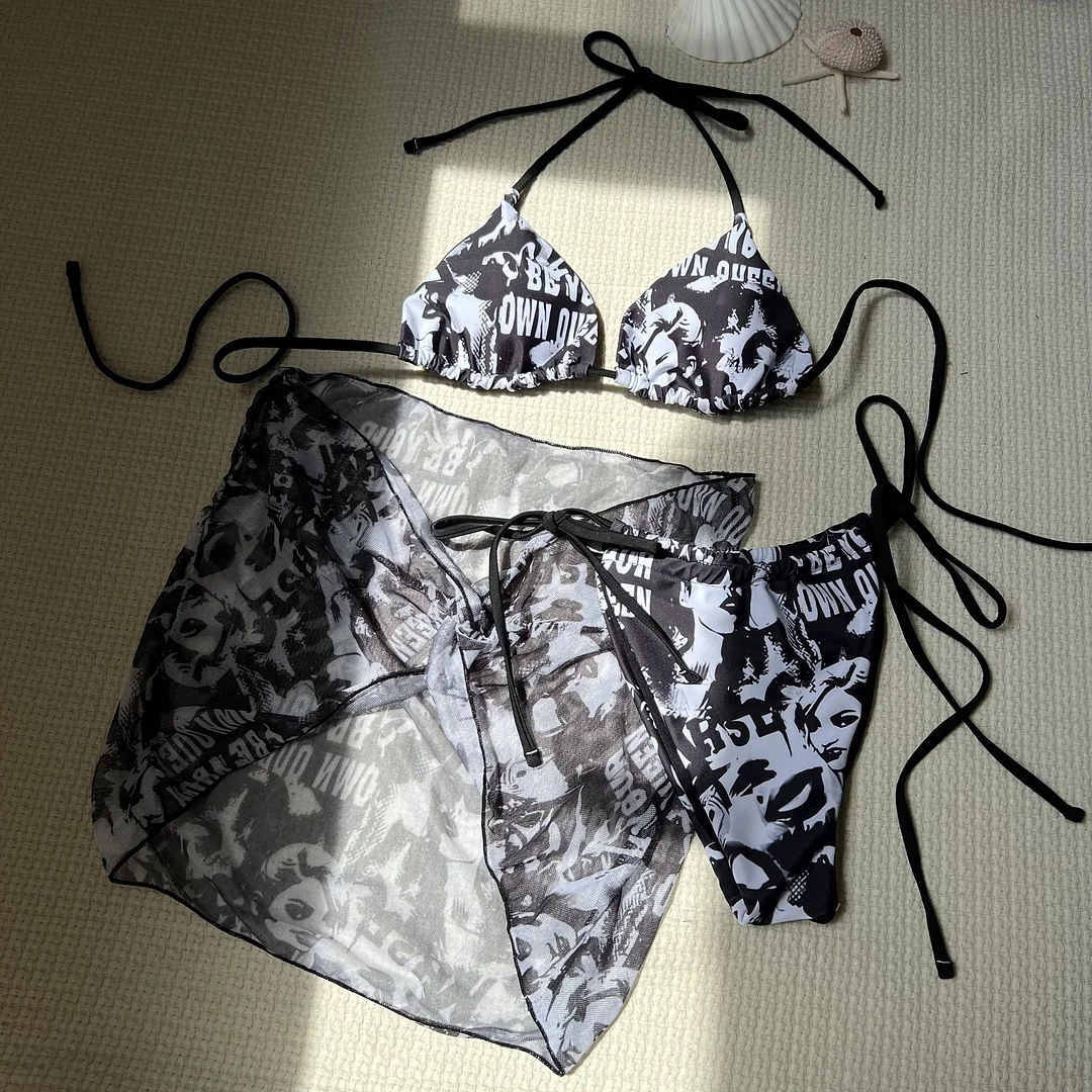 Mongw 2024 New Movie Character Three-Piece Mesh Dress Swimsuit Bikini