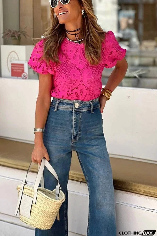 Here Comes The Sun Crochet Lace Puff Sleeve Blouse