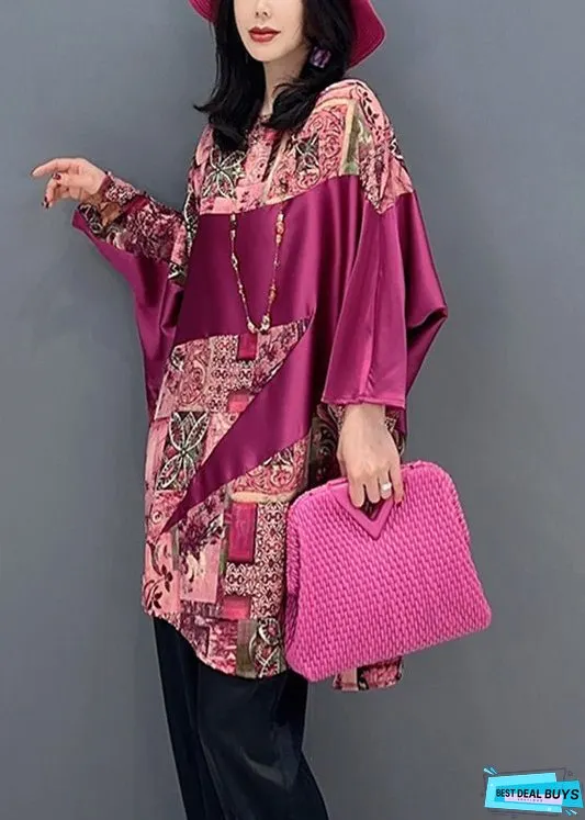 Women Red O-Neck Print Patchwork Top Batwing Sleeve