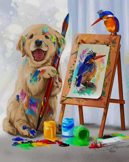 

Puppy Drawing His Woodpecker Friend – Paint By Numbers - 40*50CM, 501 Original