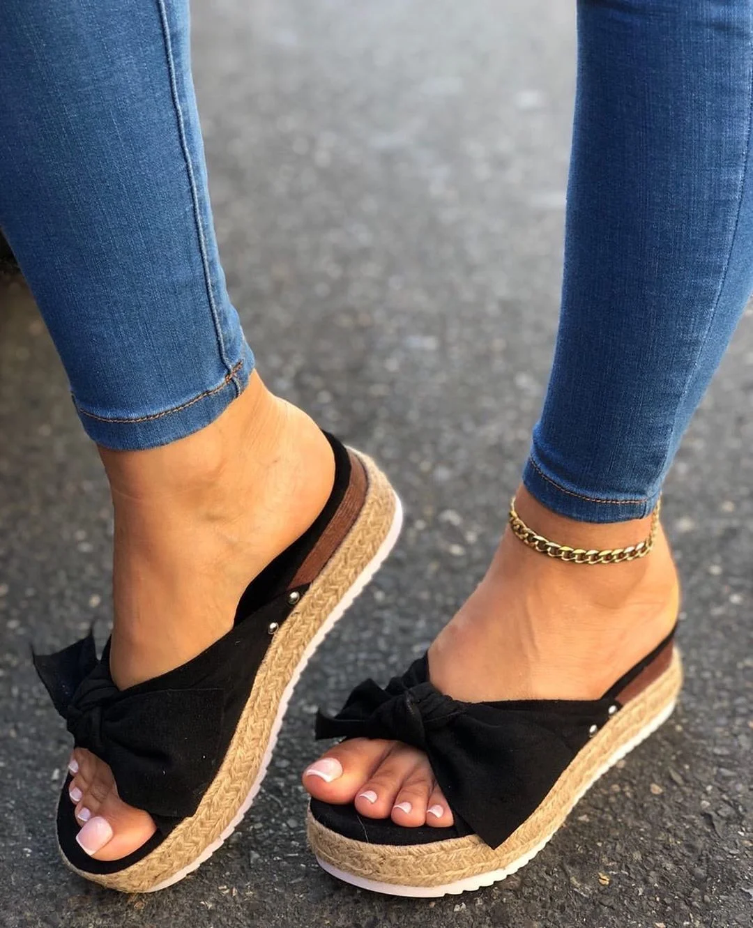 2020 Women Summer Sandals Mid Heels Pumps Plus Size Wedges Shoes Woman Sweet Bowties Slippers Sandalias Mujer Sapato Feminino