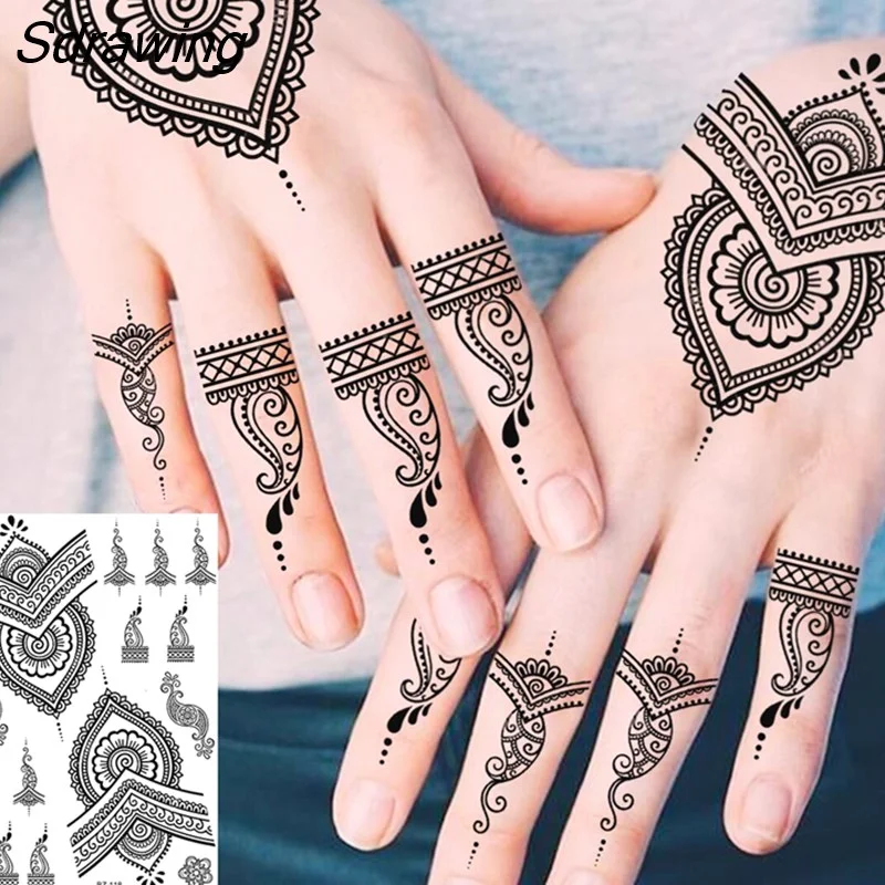 Sdrawing Henna Temporary Tattoos For Women Girls Feather Butterfly DreamCatcher Fake Gem Tattoo Sticker Chest Arm Tatoos Tribal 328-1