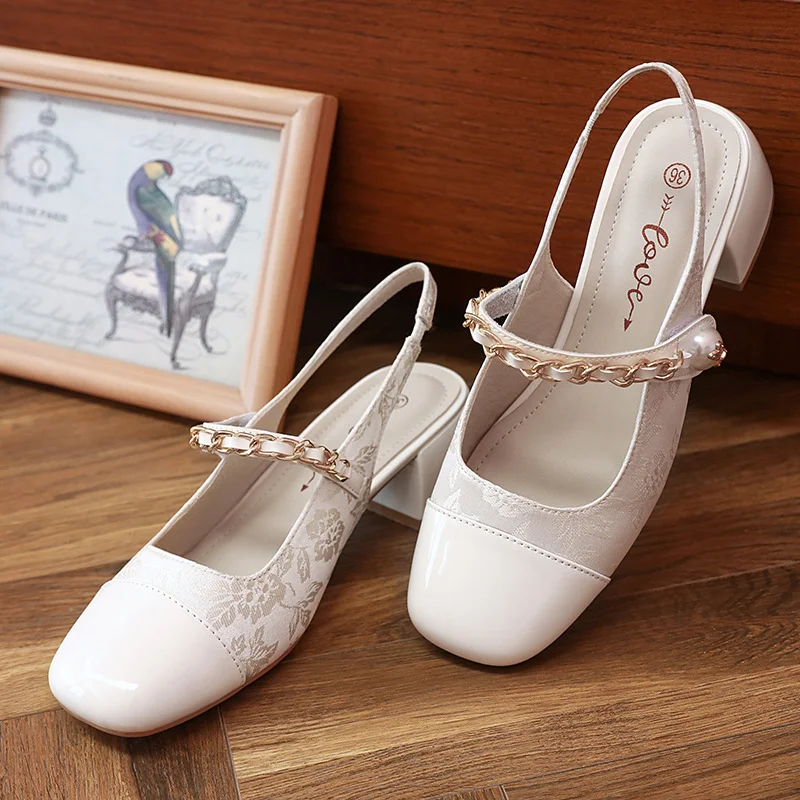 Tanguoant Tanguoant New Shallow Mouth Square Head Mary Jane Women's Shoes Pearl Chain One-Word Belt Single Shoes Women's Thick Heel Chinese Wind Sandals