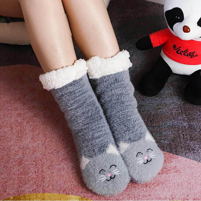 Fuzzy Cat Socks | Women Slipper Socks With Grippers | Cozy Cabin Socks