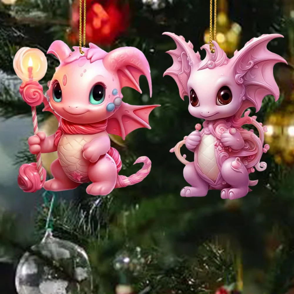 2 PCS Acrylic Pink Dinosaur 2D Flat Xmas Hanging Pendant New Year Birthday Gifts