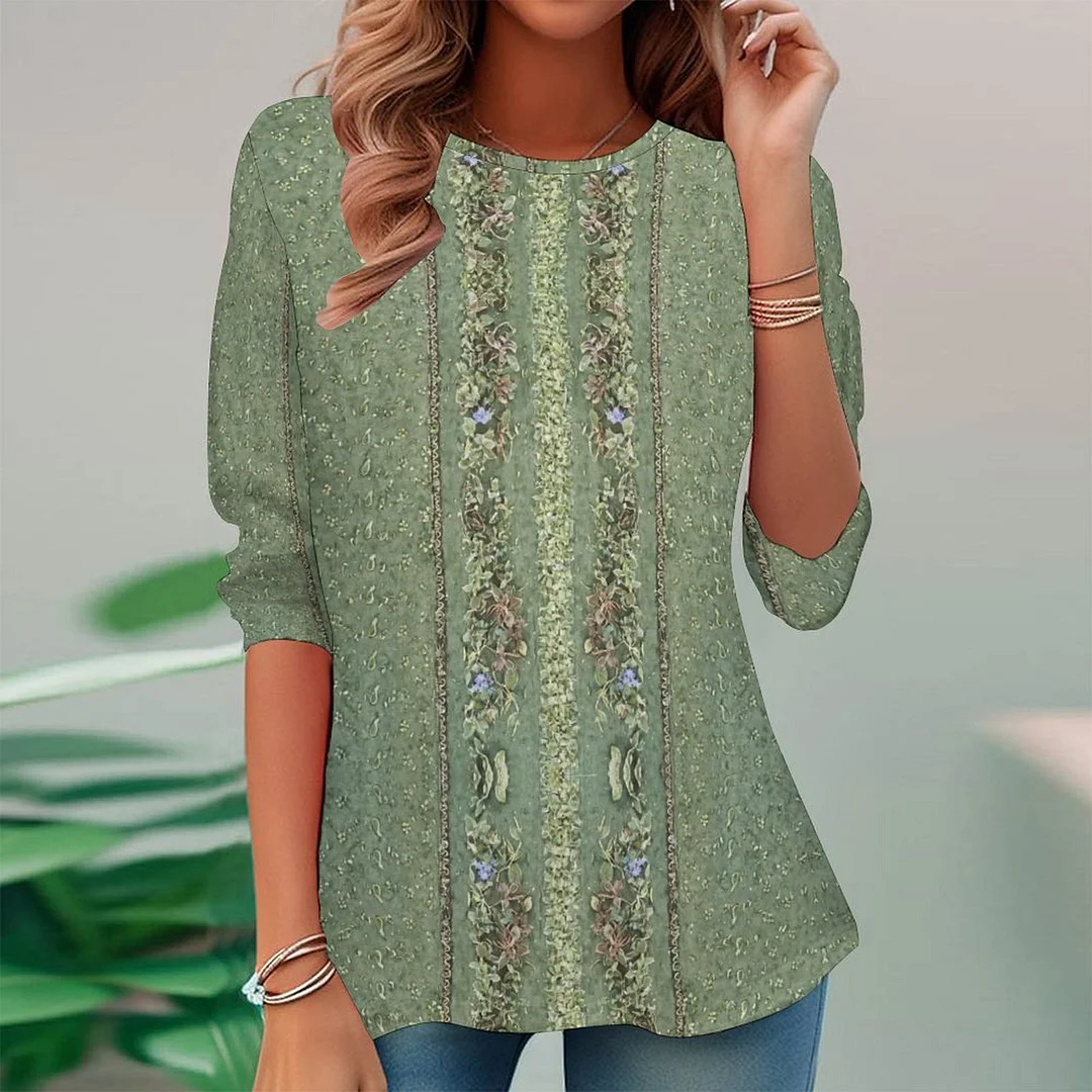 Vintage Printed Long Sleeve Plus Size Tunic for  Women and Men Unisex Pattern Green,Floral,Vintage
