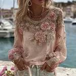 Women's Pink Flower Embroidery Art Pattern Round Neck Long Sleeve T-shirt - Image 2