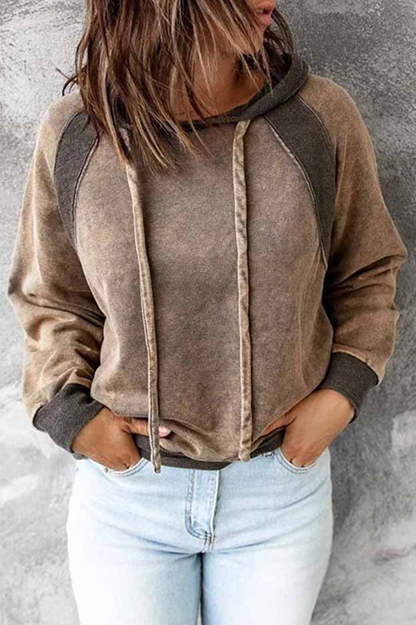 Casual Patchwork Draw String Hooded Collar Tops(6 Colors)