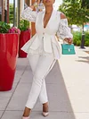 Lapel Collar Deep V-Neck Hollow Lace Buttoned White Fashion Suit