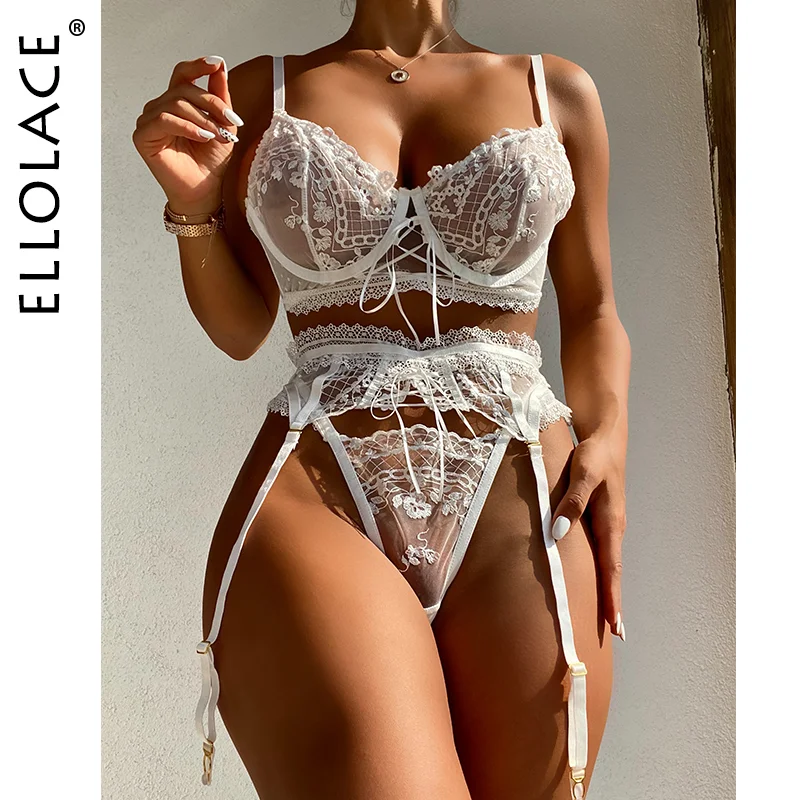 Billionm Feminine Lingerie Luxury Lace Sexy Couple Underwear Embroidery Transparent Bra And Thongs Garters 3-Piece Intimo