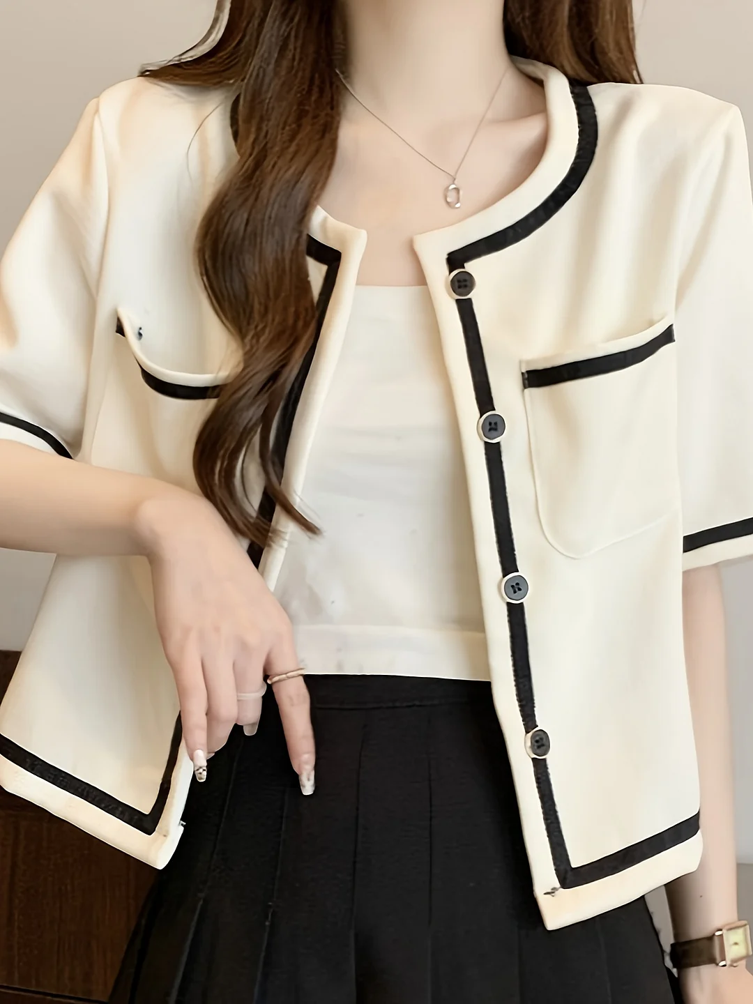 Women's Chic Short Sleeve Blazer - Lightweight Polyester, Single-Breasted Closure, Loose Fit, Short Length, Solid Color, Summer Fashion Jacket With Pocket | IFYHOME