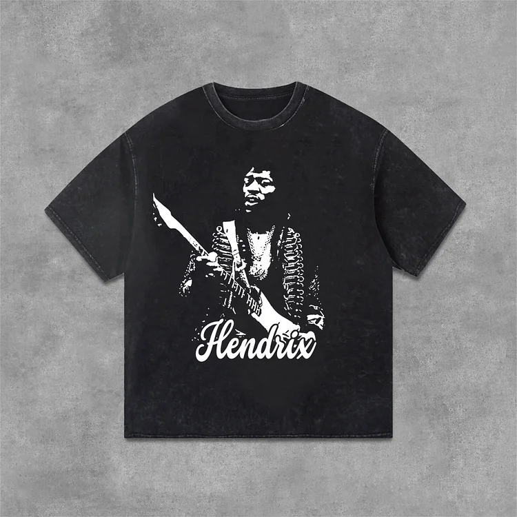 Hendrix Fashion Guitarist Graphic Print Acid Washed T-Shirt SOPULA