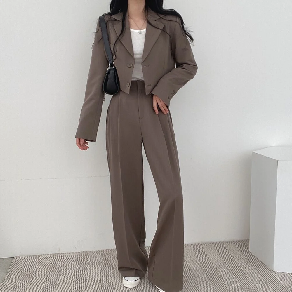 UForever21 Korean Style Office Lady Blazer Sets Autumn Loose 2 Two Piece Set Women Long Sleeve Short Suit Coat + Straight Suit Pants Suits