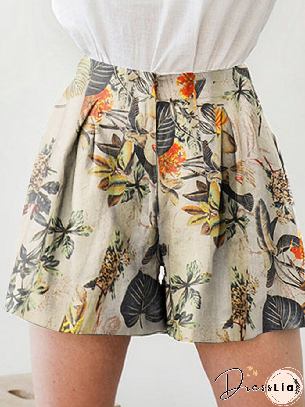 Plant Print Pocket Ruched Casual Shorts