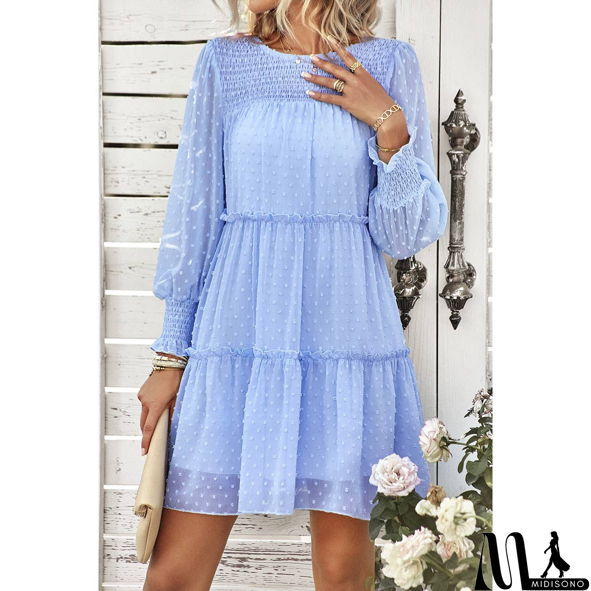 MidiSono - Dot Solid Ruched Color Block Ruffle Lined Midi Dress