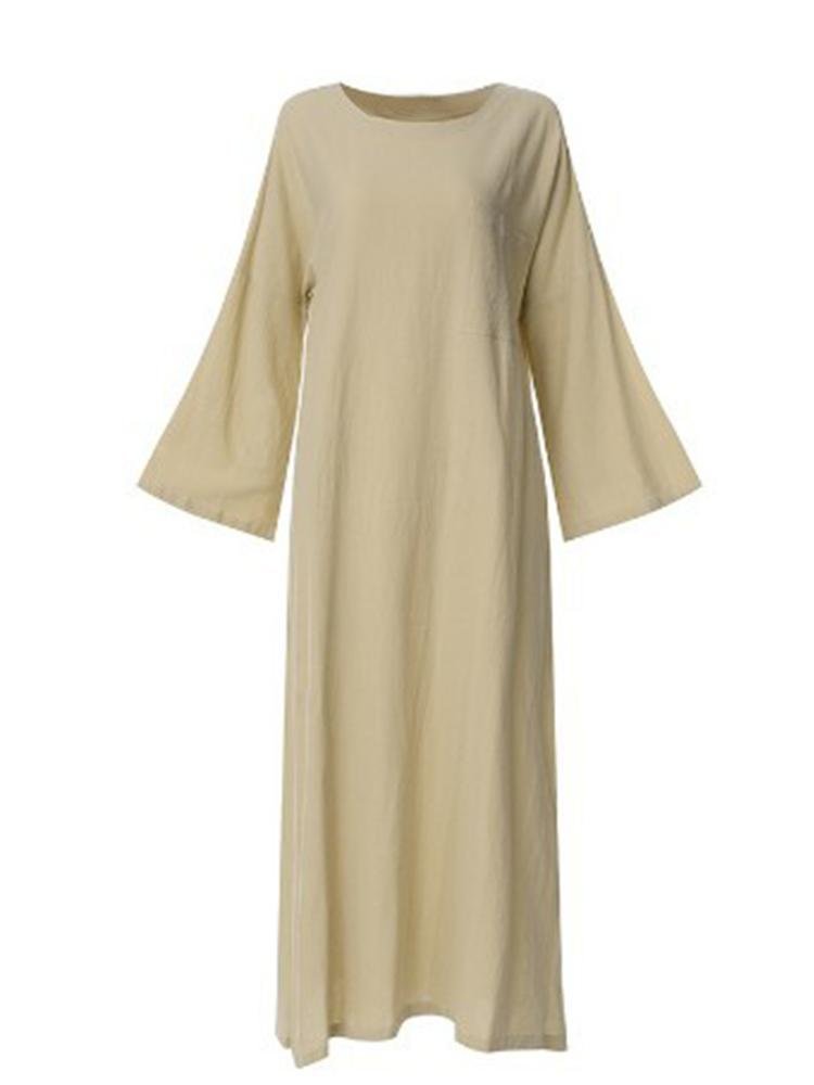 Cotton And Linen Round Neck Hem Dress
