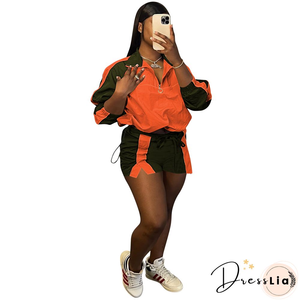 Color Patchwork Sportswear Two Piece Shorts Set