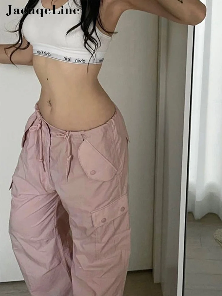 Jacuqeline 2022 Casual Drawstring y2k Pants Cargo Women Low Waist Loose Baggy Joggers Trousers harajuku Wide Leg Sweatpants