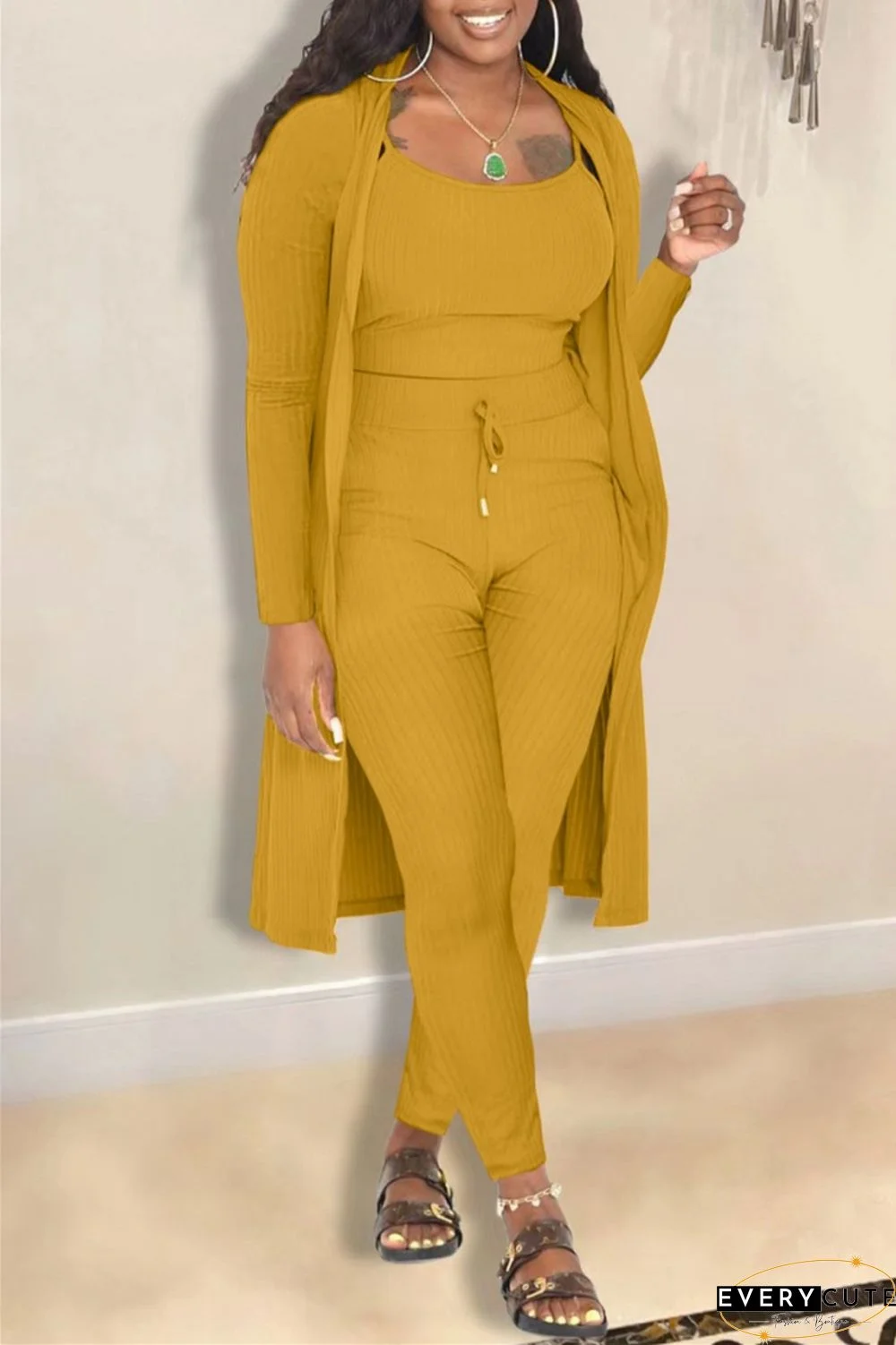 Casual Solid Cardigan Vests Pants Long Sleeve Three Piece Set