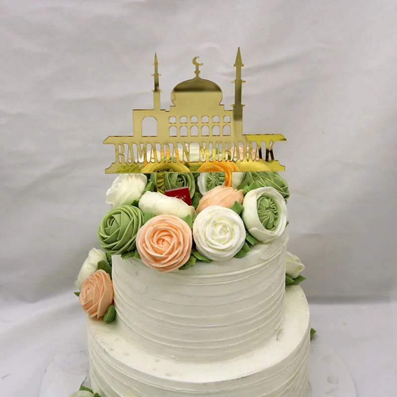 Eid Mubarak Cake Topper Gold Acrylic Cupcake Topper for Hajj Ramadan Mubarak Kareem Cake Decorations Muslim Baking Cake Supplies