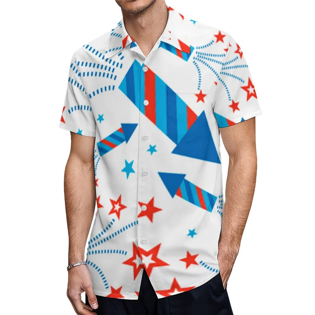 Short Sleeve Stylized Fireworks Freedom Hawaiian Shirt Mens Button Down Plus Size Tropical Hawaii Beach Shirts